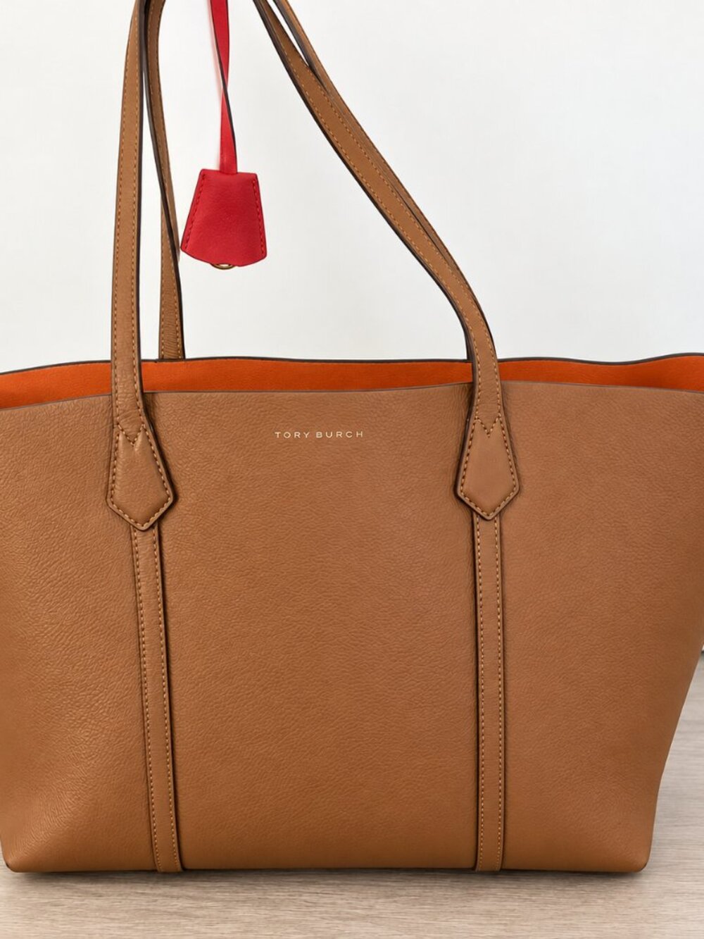 Tory Burch Large Brown Leather Tote Shoulder Bag Gold Logo Charm
